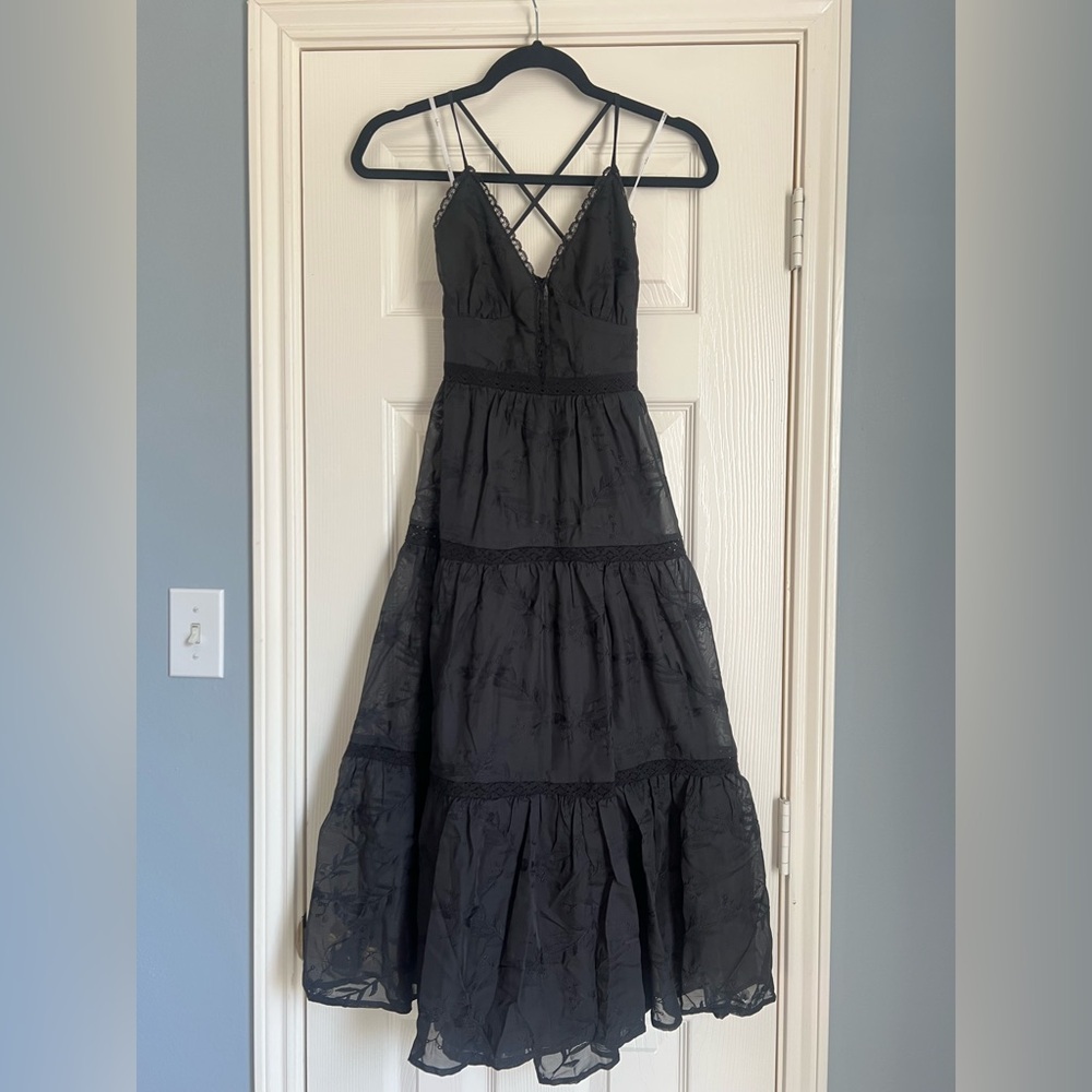 Lulu Forever Your Darling Black Embroidered Lace Backless Midi Dress